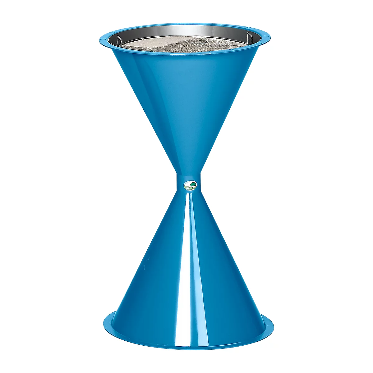 Blue funnel with metal mesh, conical, connected like a stem.