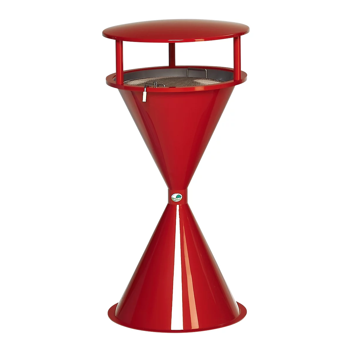 Red trash can with a conical shape, an upper lid, and a lower base, on a white background.