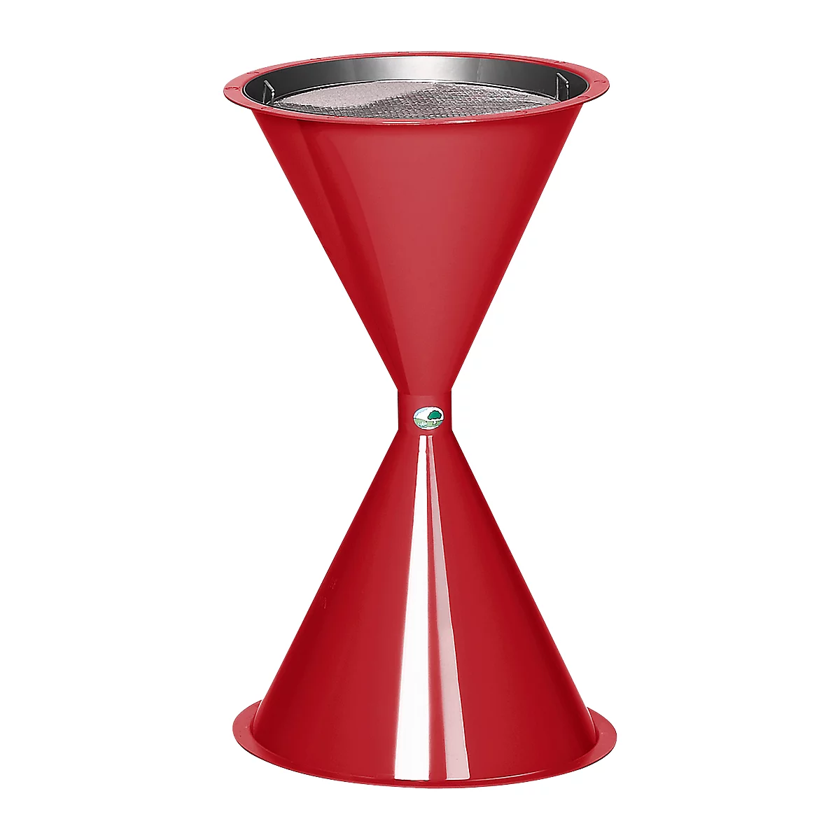 Red hourglass-shaped sand filter. Metal mesh on top edge.