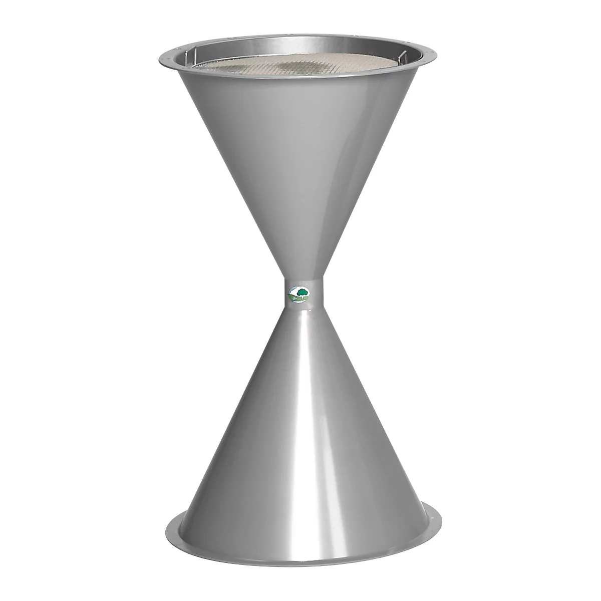 Hourglass-shaped, metallic funnel; conical at the top and bottom, narrowly connected in the middle.