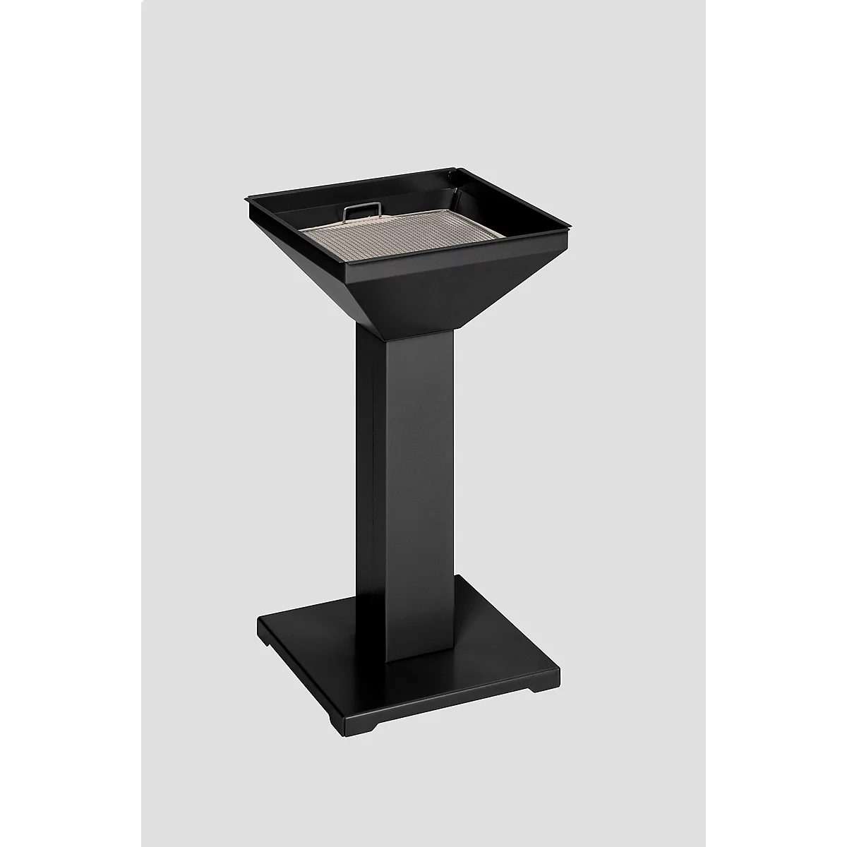 Black, square grill on a stand. The grill has a handle and a grate.