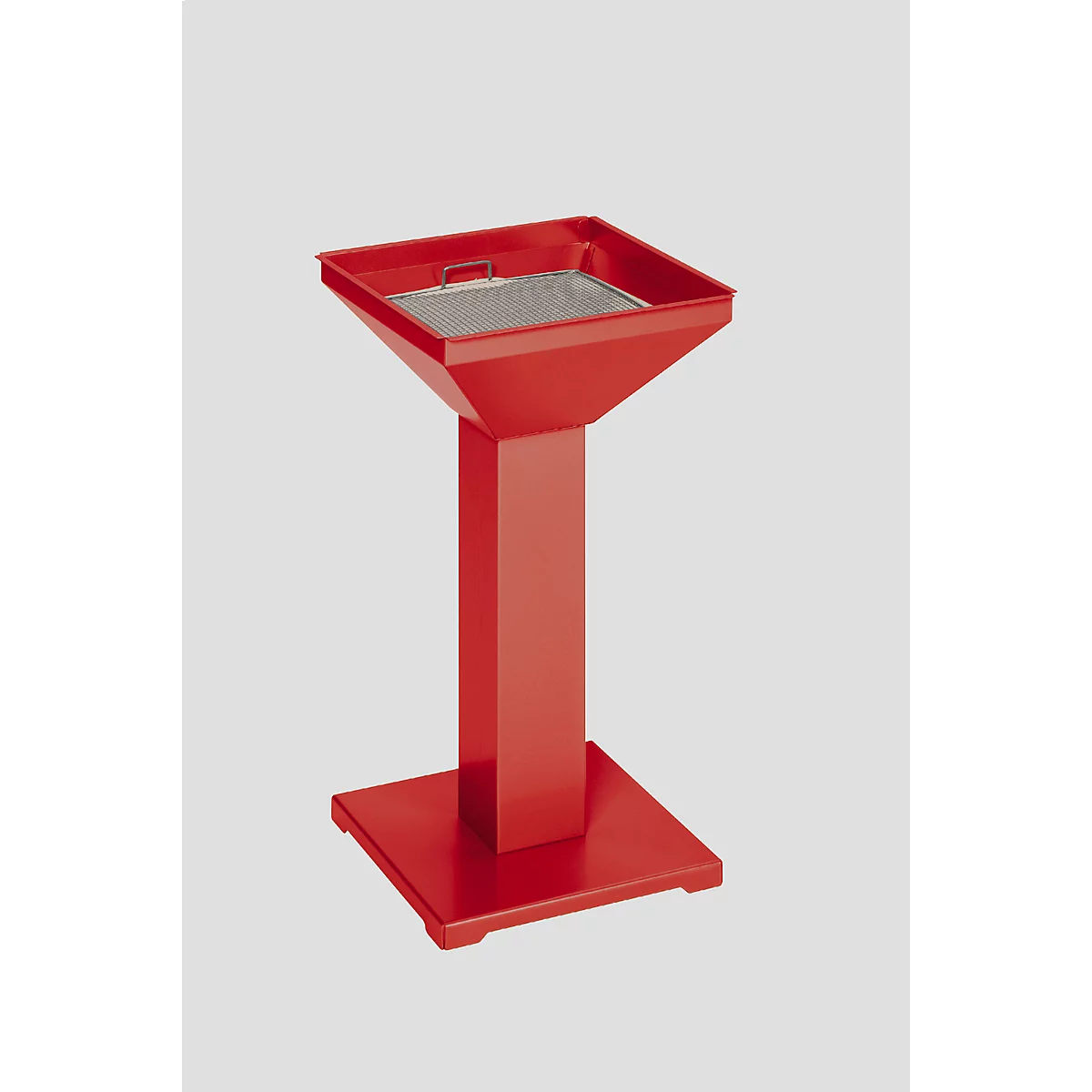 Red ashtray stand. Square container with a grill inside, standing on a base.