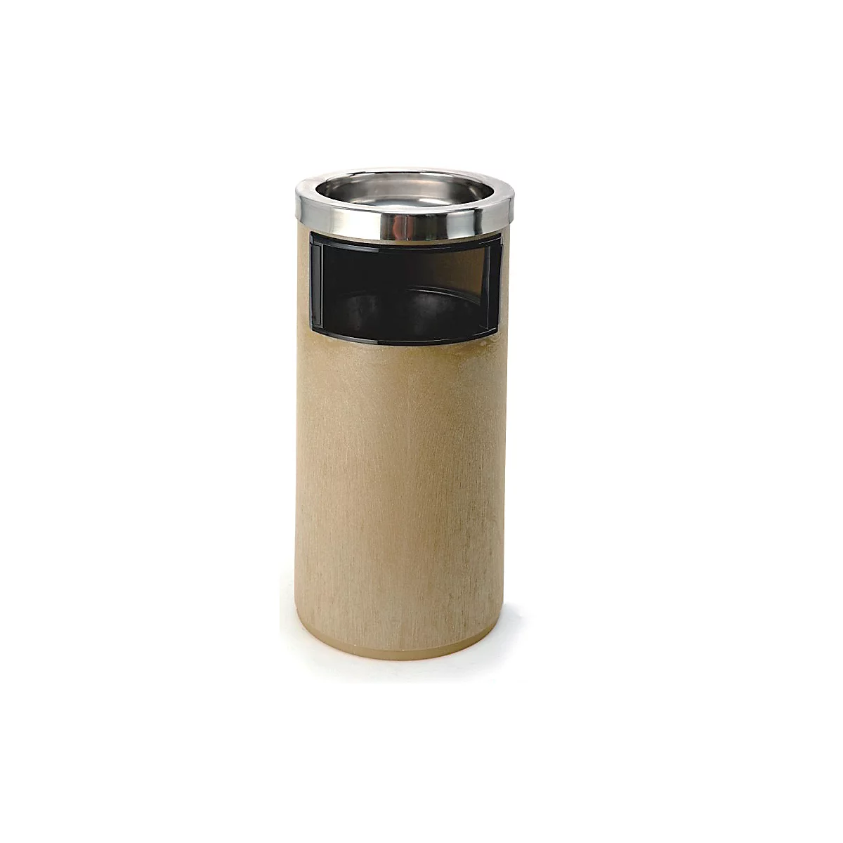 Cylindrical trash can made of wood imitation with stainless steel rim and opening.