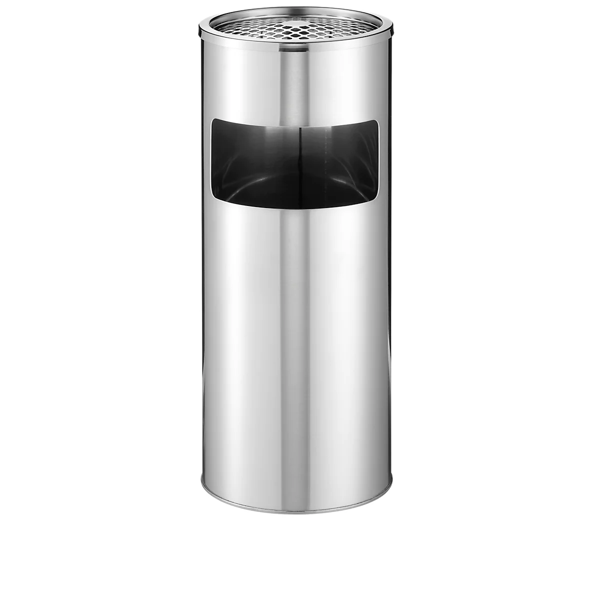 Cylindrical silver ashtray with a square opening. A grid on top, a small round foot at the bottom.