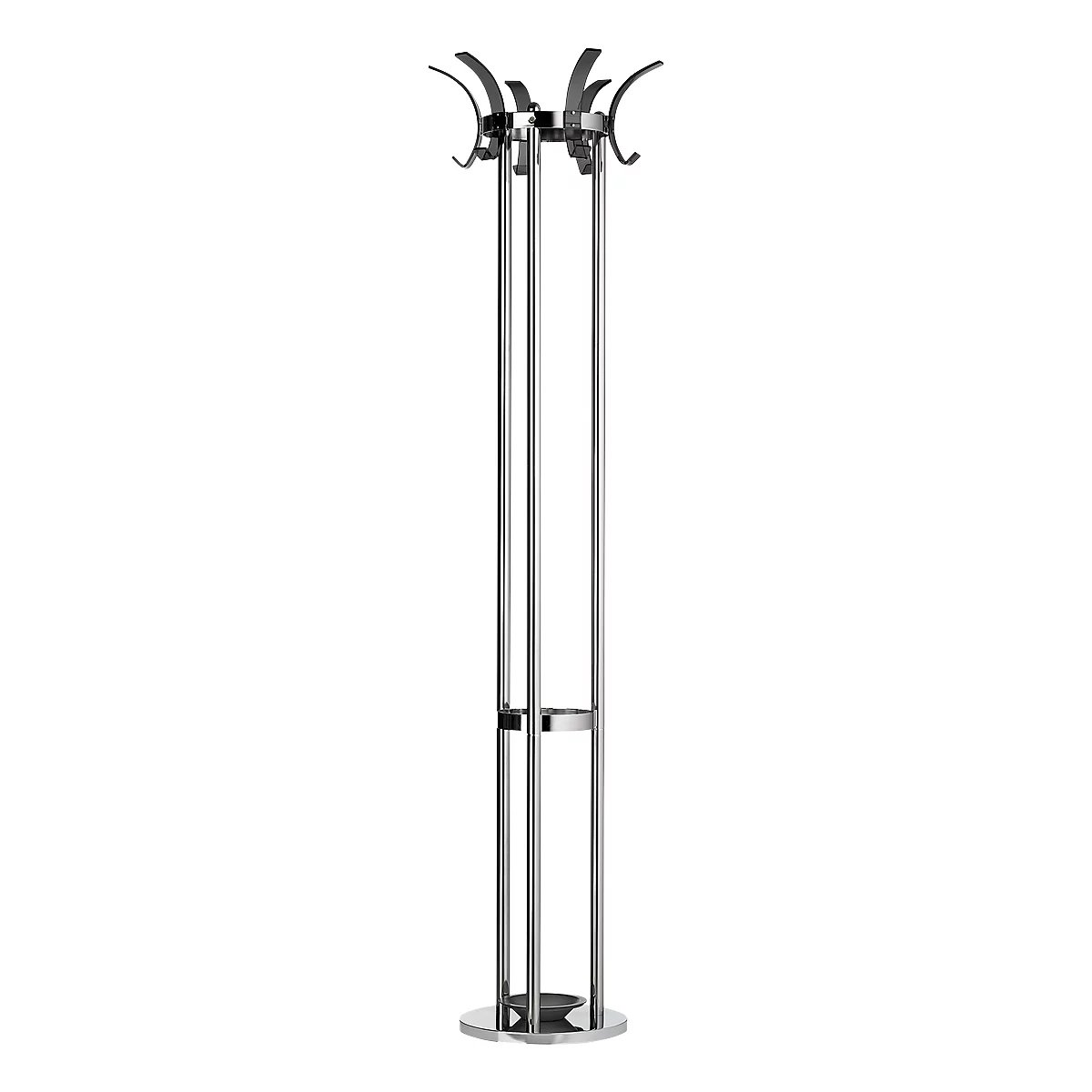 Chrome metal coat stand. Hooks on top, round base at the bottom.