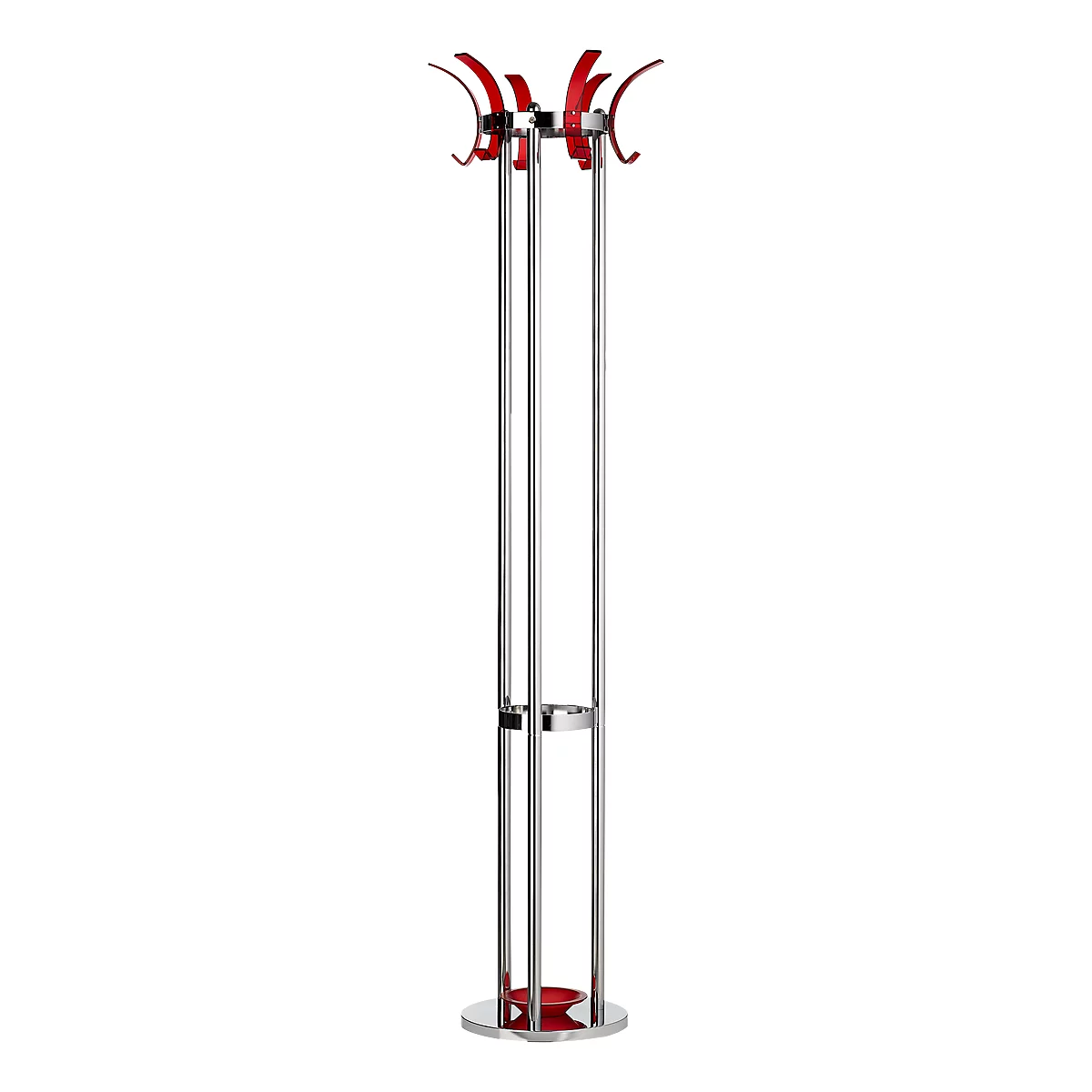 Vertical photo of a modern, silver coat rack with red hooks and accents.