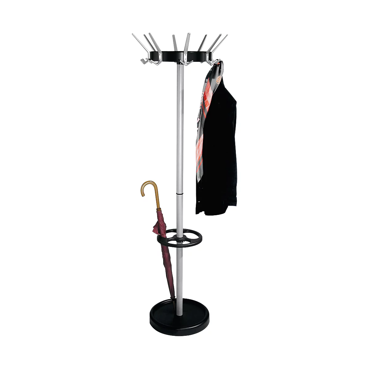 Coat stand with jacket, scarf, and umbrella. Black base, silver pole, coat hooks with knobs.
