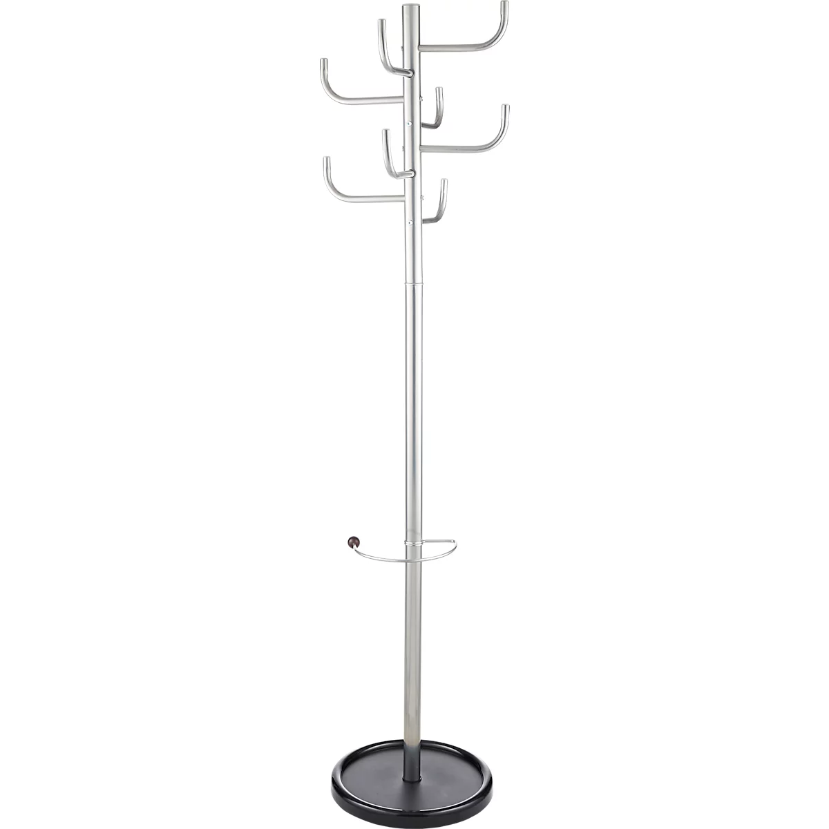 Silver coat stand with a round black base and hooks for hanging clothes.