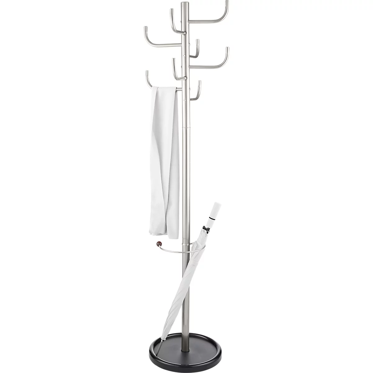 Metal coat stand. A white towel and an umbrella are hanging.