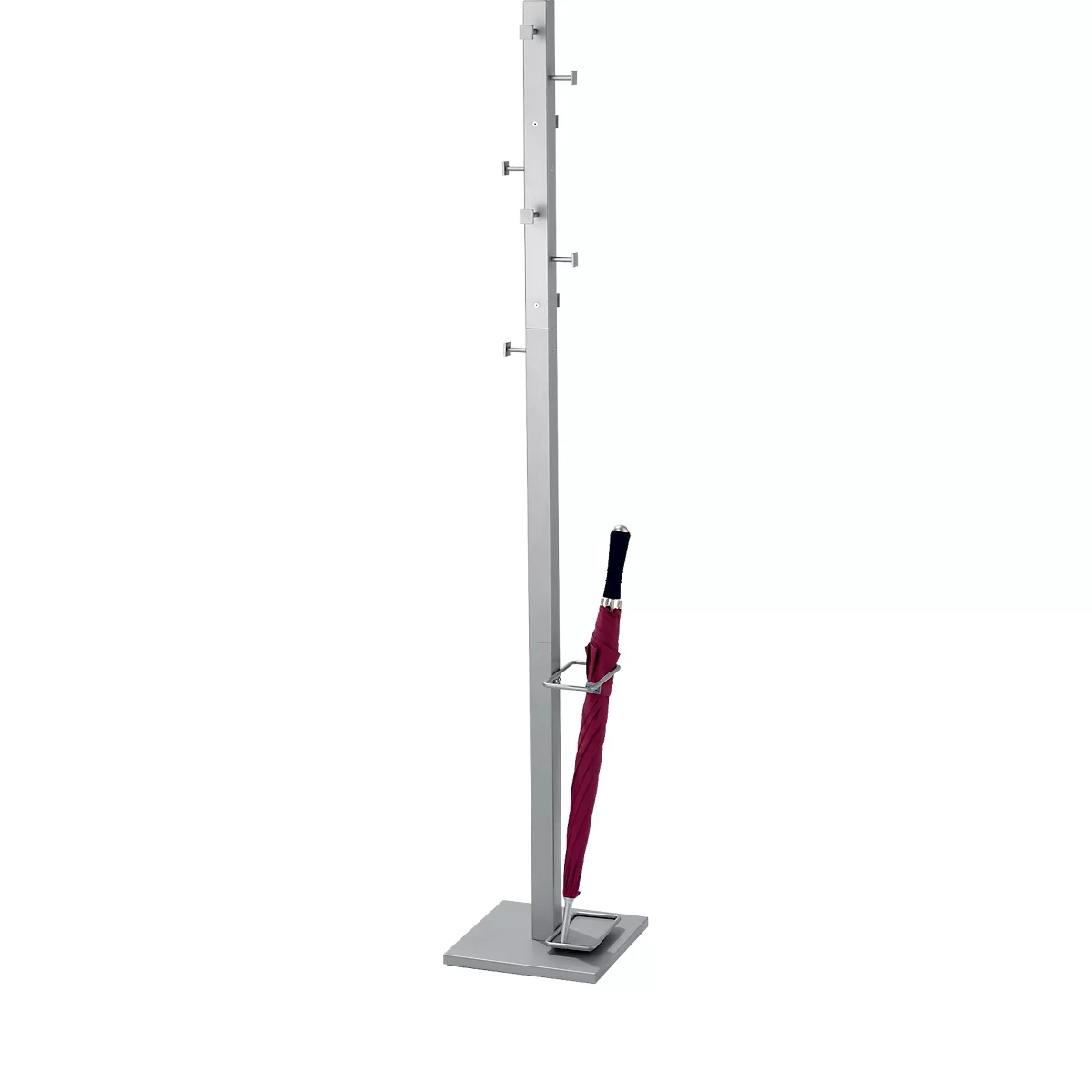 Gray freestanding coat rack holding a red umbrella.