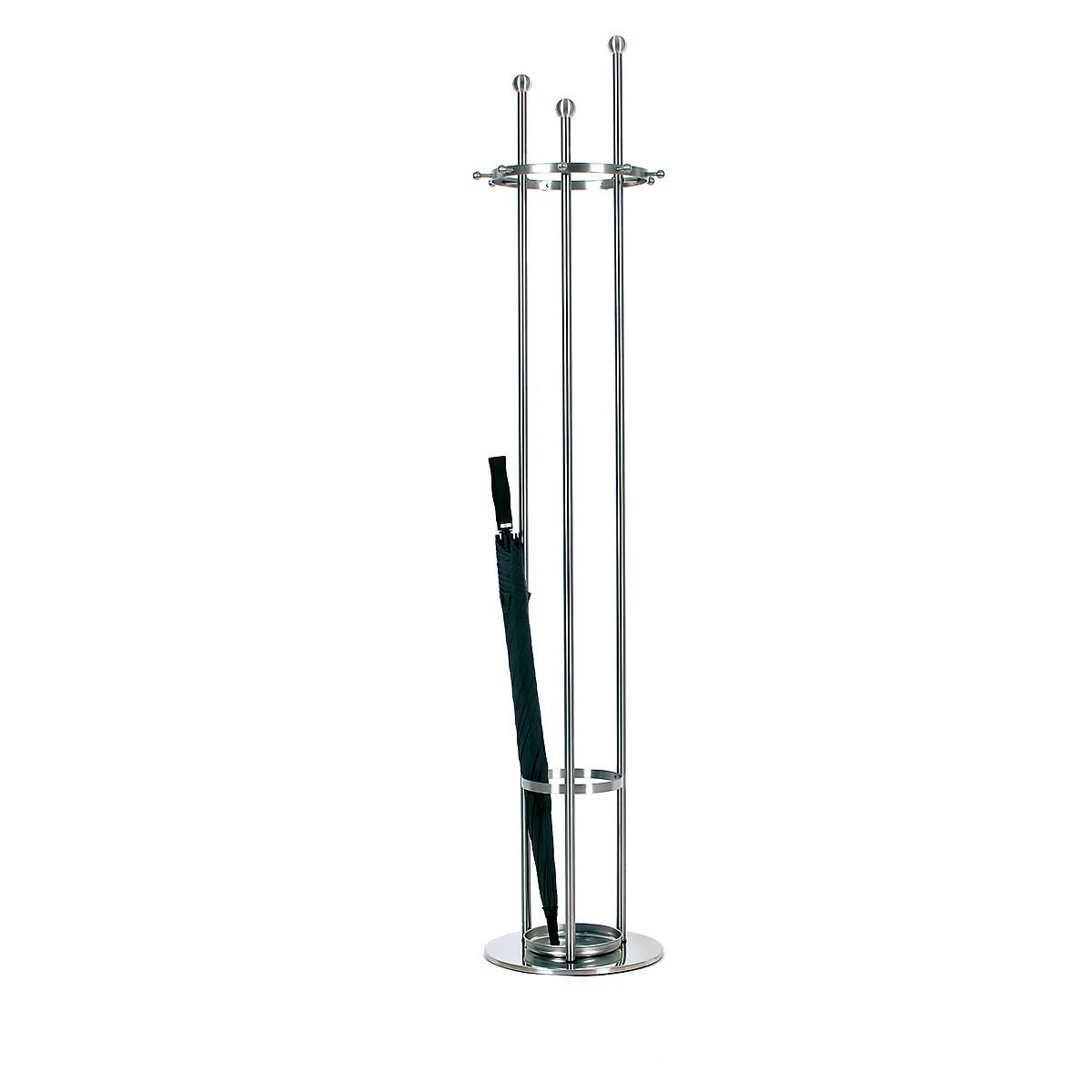 Silver umbrella stand with a black umbrella inside. The stand has a round base and holders.