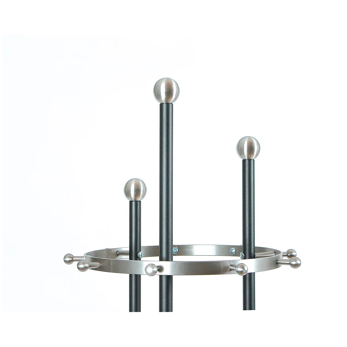 Modern coat rack with round, silver-colored knobs. Three tall, black rods, crowned with silver-colored balls, stand on a silver ring.