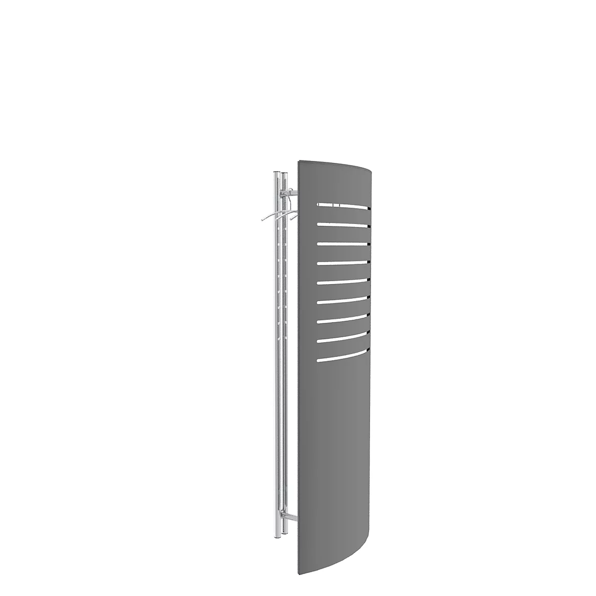 Gray curved stand with horizontal slits and metal pole with hooks.