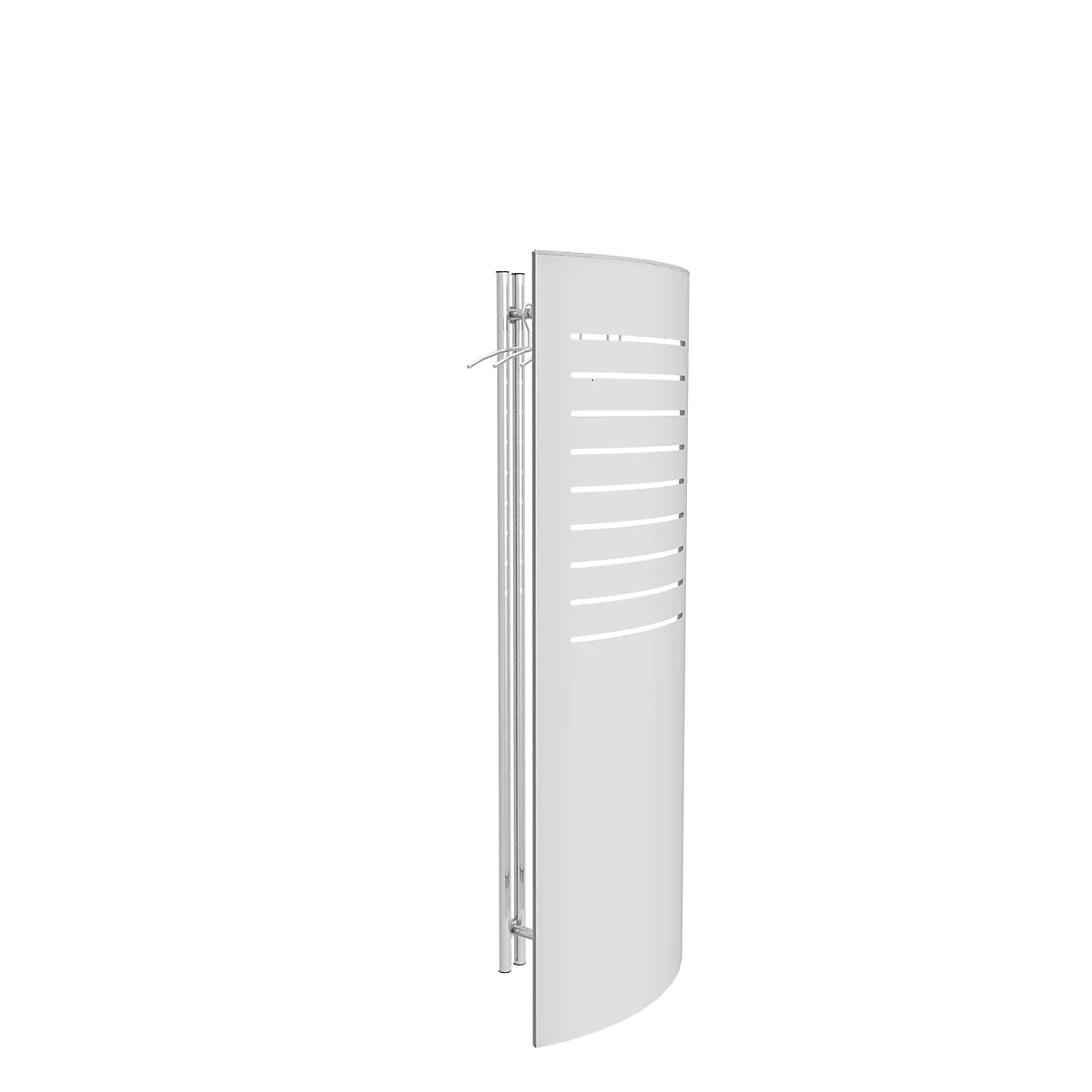 White, curved radiator with horizontal slits. Behind it a metallic frame, on the left a hanger.