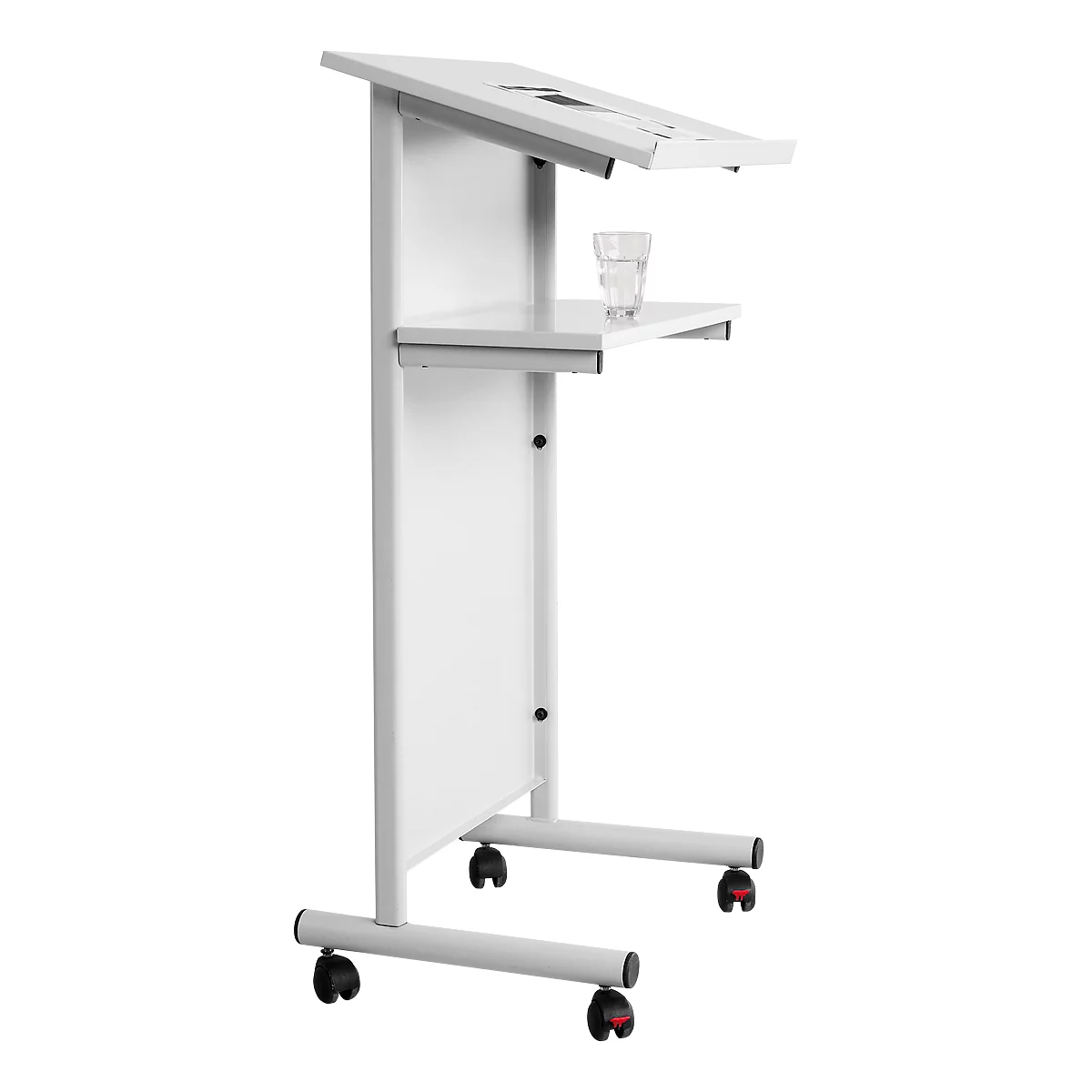 A white lectern with wheels, a shelf, and a glass of water. The lectern is slightly inclined.