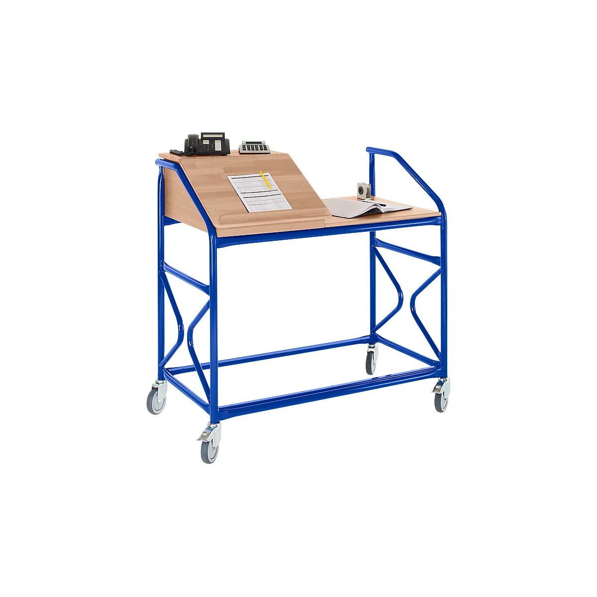 Blue rolling desk frame with a wooden top. A phone, calculator, paper, and notebook rest on the tabletop.