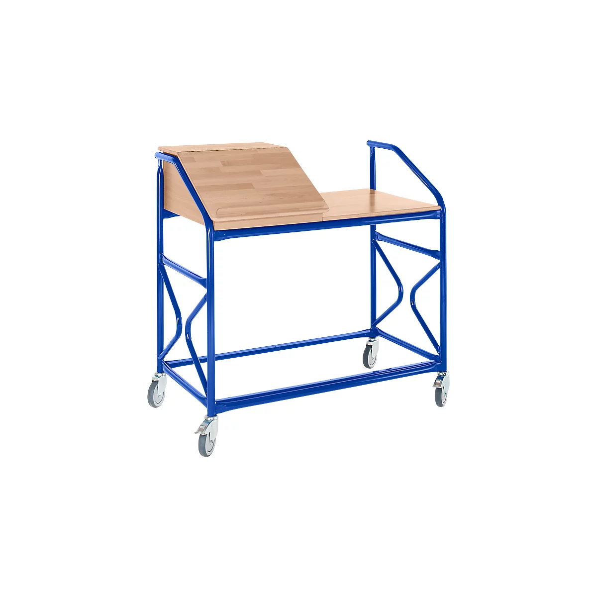 Blue metal frame with light brown wooden panels and wheels.