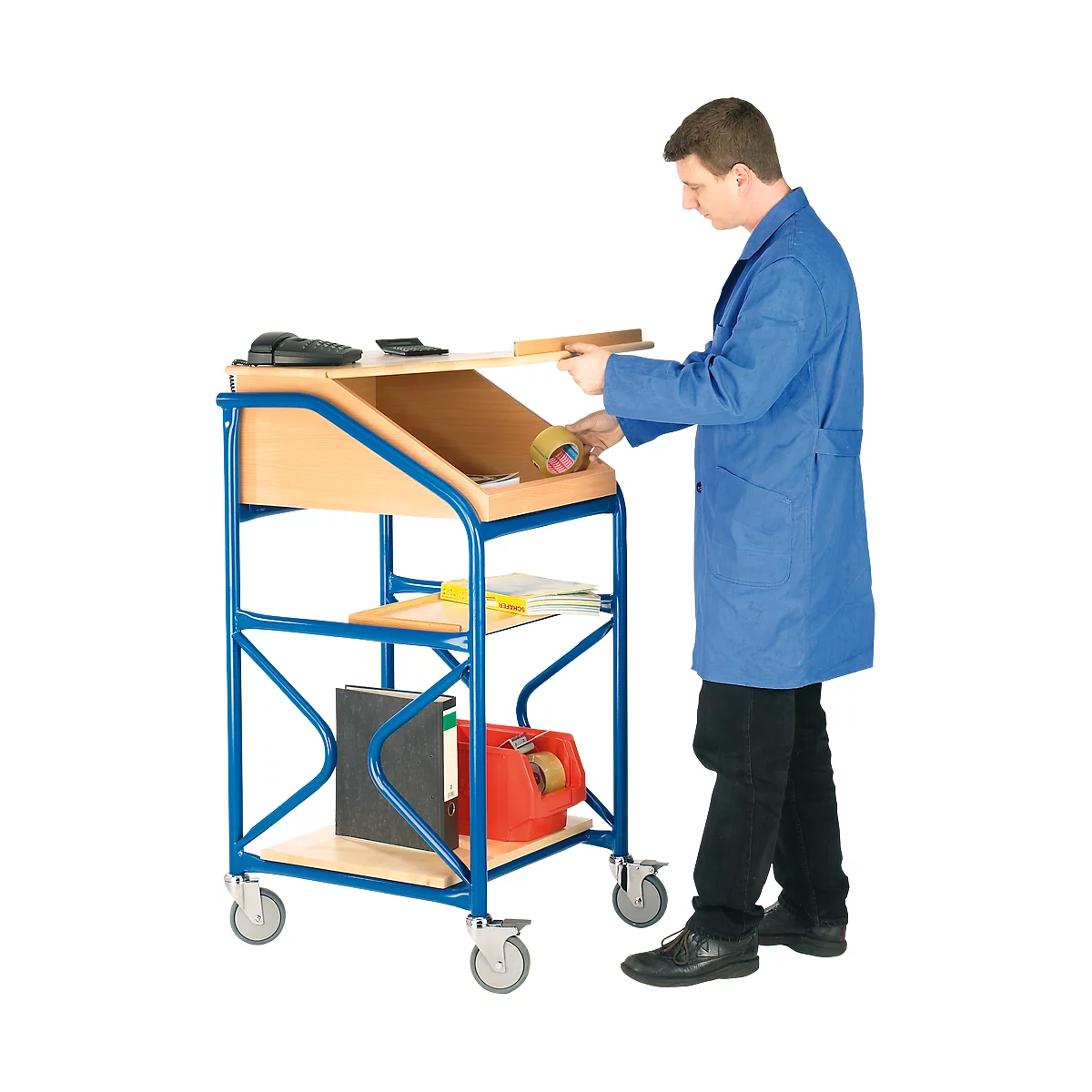 Man operates a blue, rolling tool cart with paper, tape and folders.