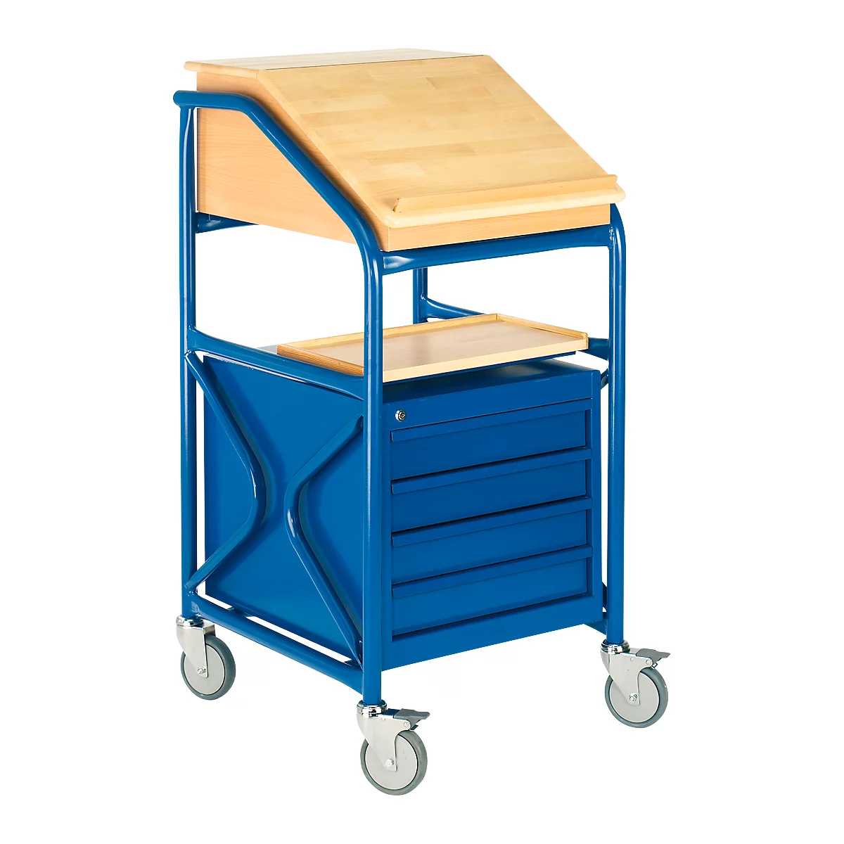 Blue, rolling lectern with light brown writing surface, small shelf, and drawers.