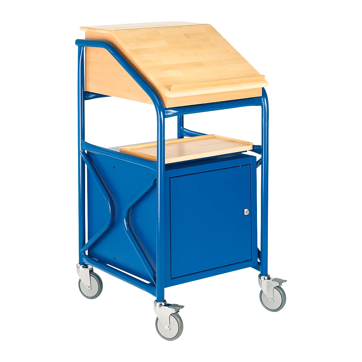 Blue, rolling lectern with wooden top, small cabinet and shelf.