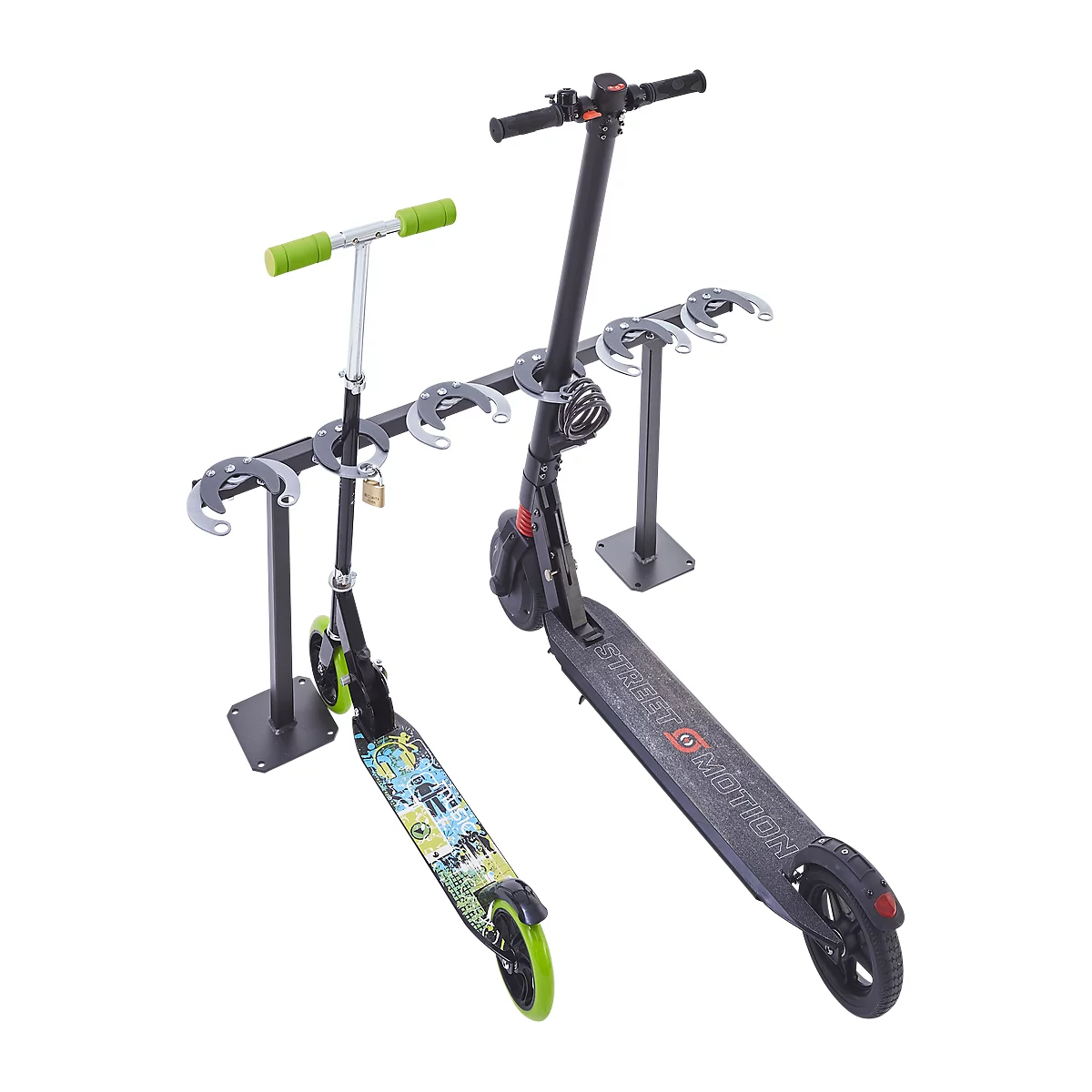 Two electric scooters stand in a metal stand. The left scooter has green handles and wheels. The right scooter is black.