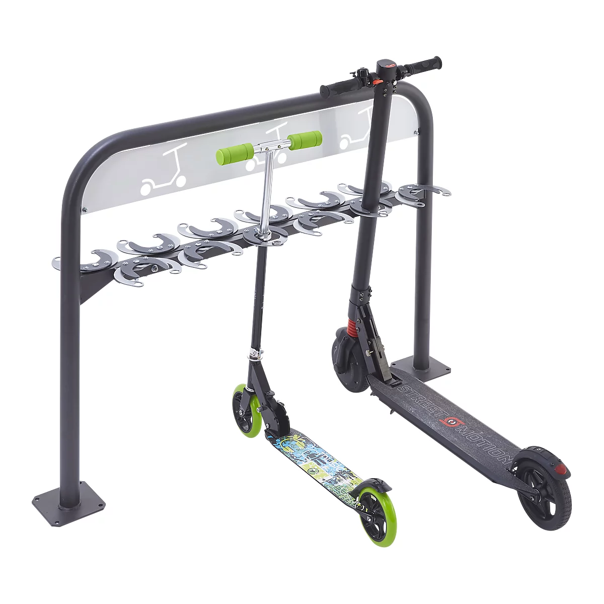 Two electric scooters in a gray scooter stand. On the right a black scooter, on the left a scooter with colorful details.