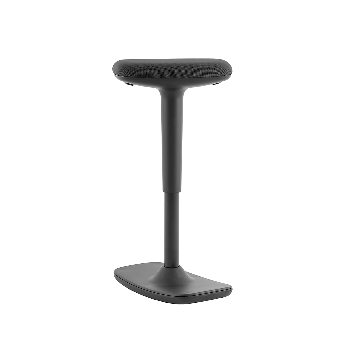 Black standing stool on white background. Seat and foot plate are oval and rectangular.