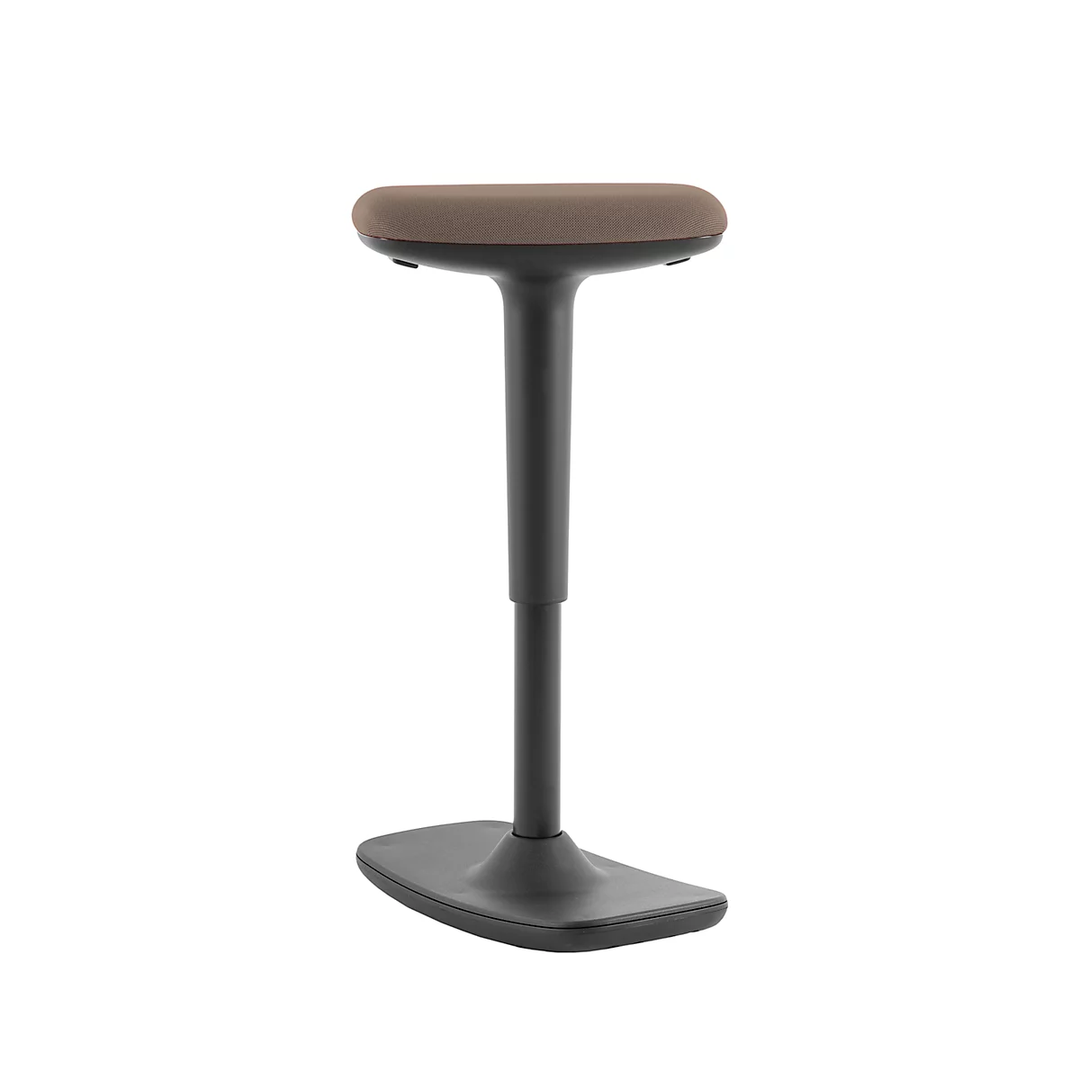 Standing stool with oval seat and black frame. The seat is brown.
