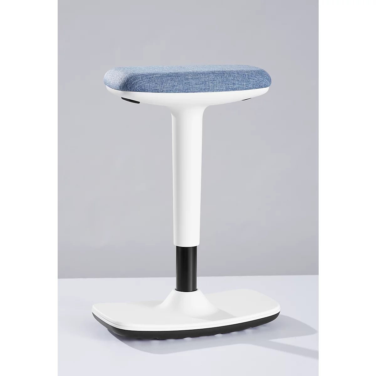 Stool, white frame, blue seat. The stool has an oval base, a black middle piece, and a padded seat.