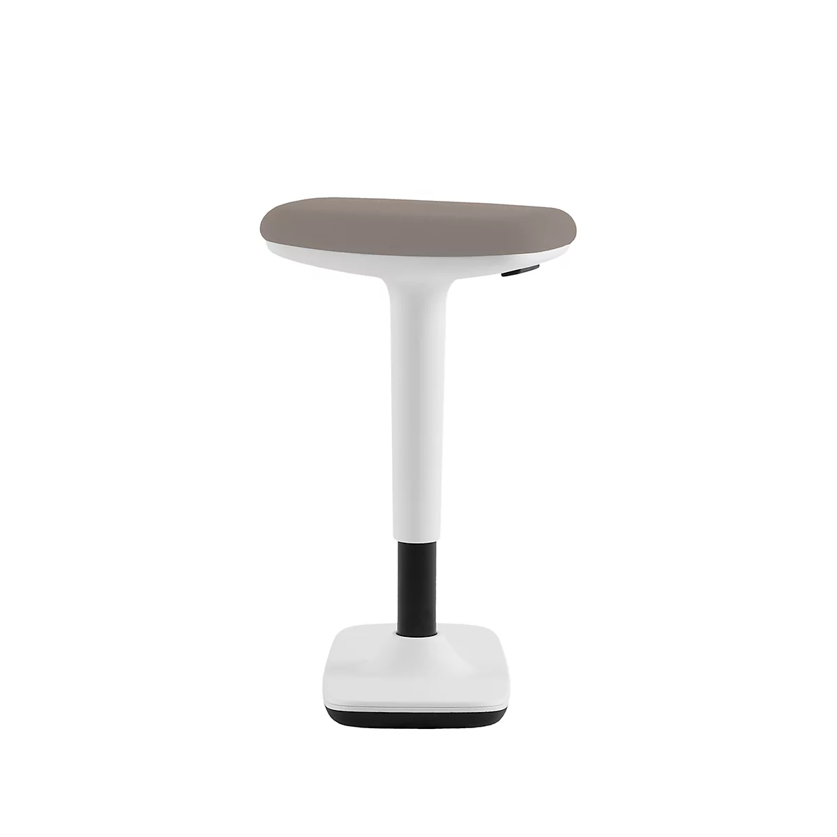 Standing stool against white background. Beige seat on white frame, black foot.