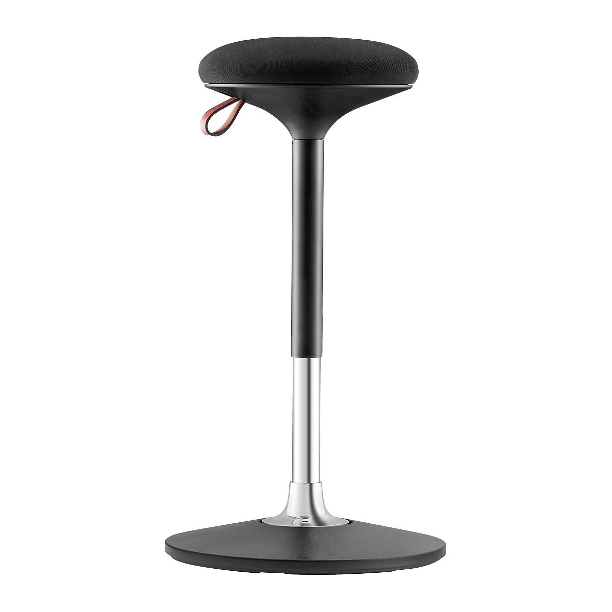 Black standing stool with round seat, handle and base.