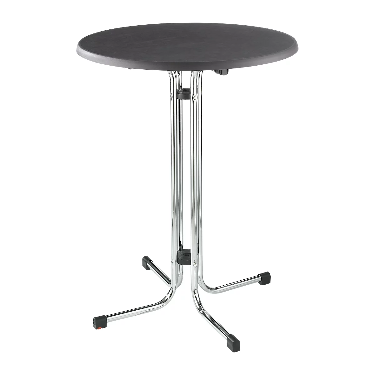 Round, black bar table with chrome-plated frame. Four-legged base, plastic table top.