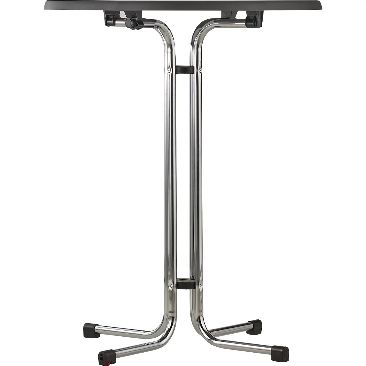 High table with rectangular black table top and chrome-plated, U-shaped metal frame.