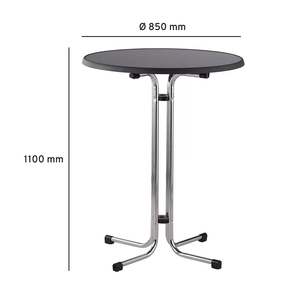 A black, round bar table with a silver frame. The diameter is 850 mm at the top, the height is 1100 mm.