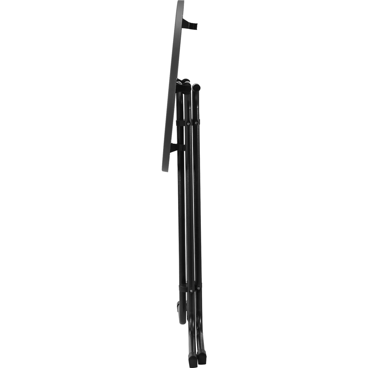 Black tripod, photographed in perspective from below.