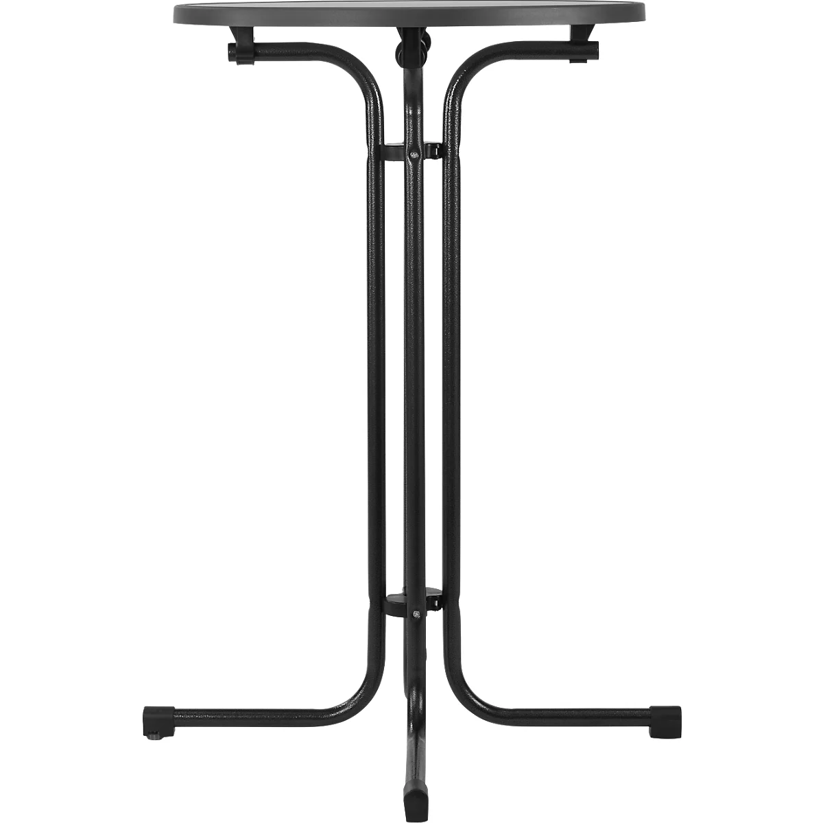 A black high table with a round tabletop. The frame consists of three legs that meet at the bottom.