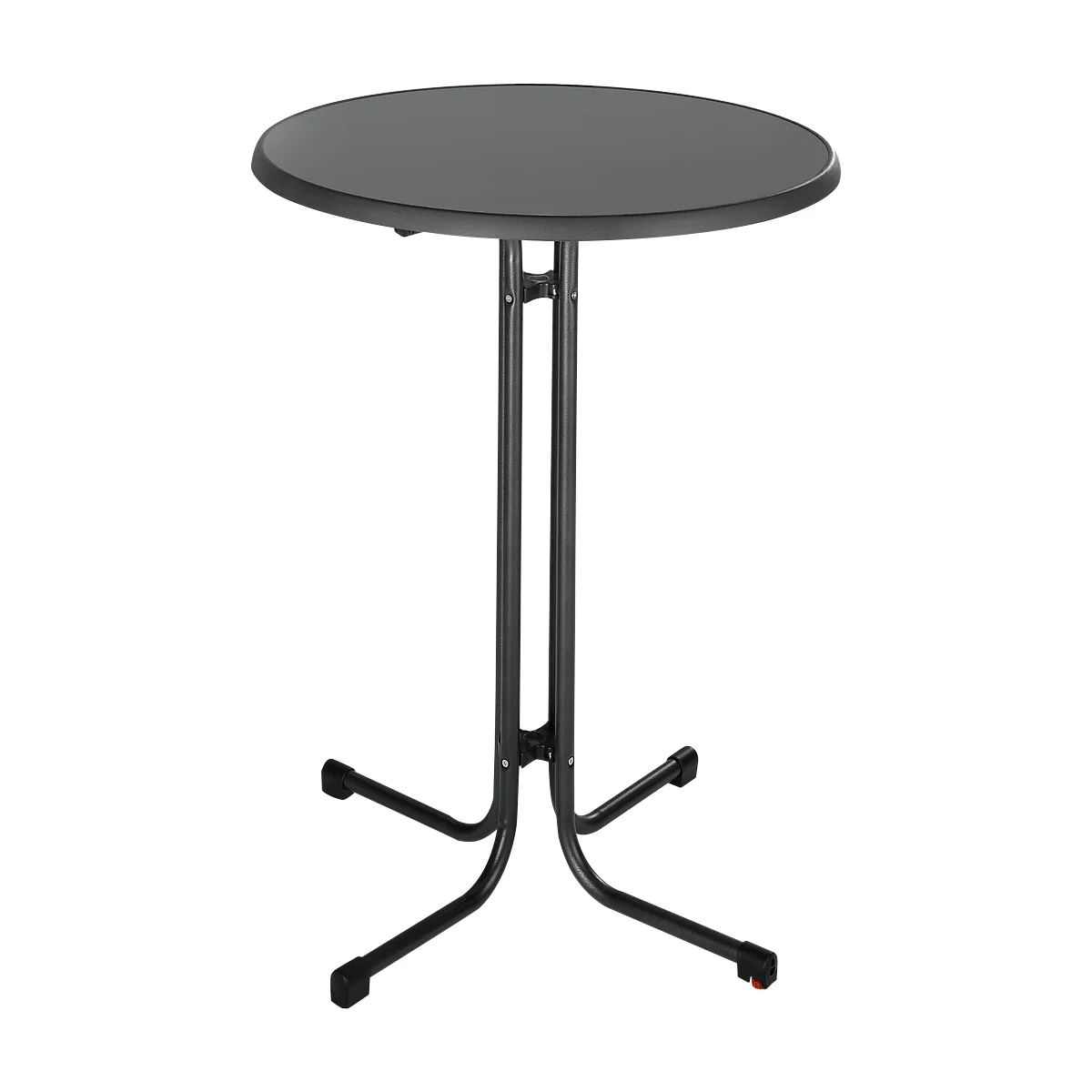A round, grey high table with a black frame that forks downwards.