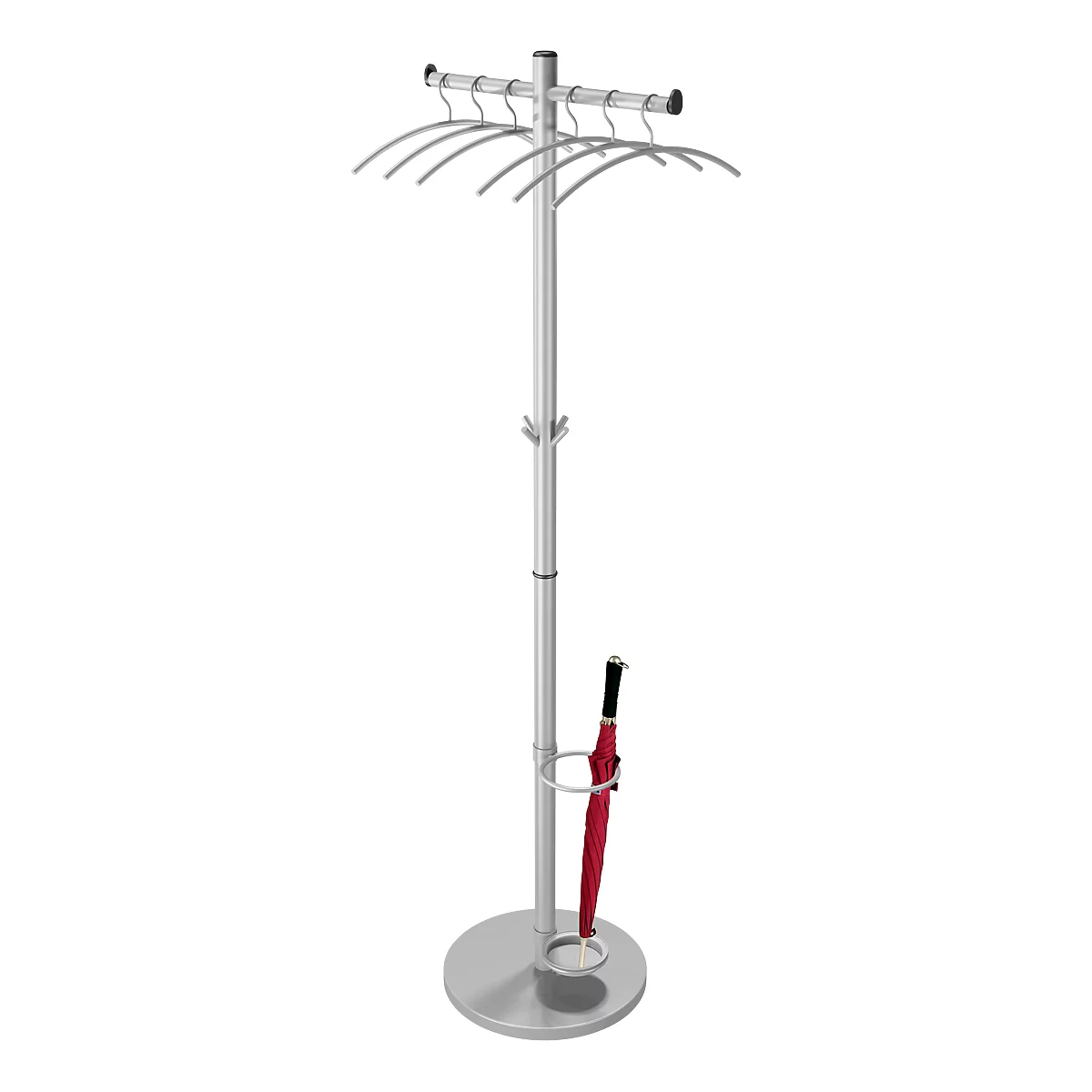 A silver coat stand with hangers, hooks and a red umbrella.