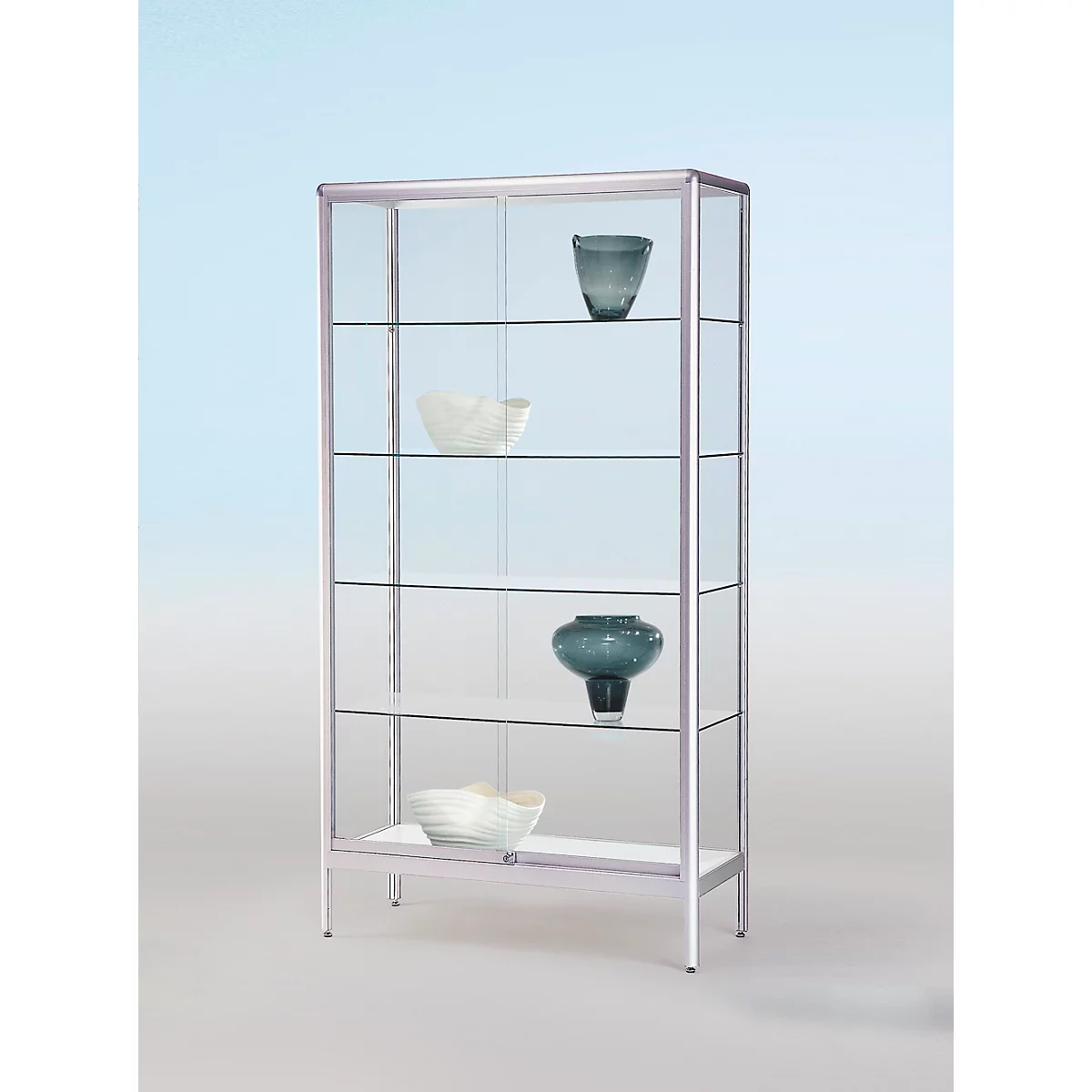 Standvitrine BST, Brandschutzklasse B1, 5 Fächer, abschließbare Schiebetüren, B 380 x T 500 x H 1950 mm, Aluminium/Glas, silber