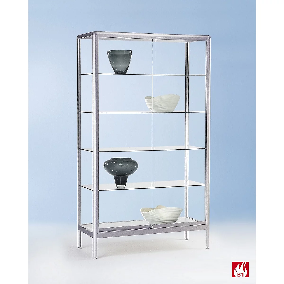 Standvitrine BST, Brandschutzklasse B1, 5 Fächer, abschließbare Schiebetüren, B 730 x T 500 x H 1950 mm, Aluminium/Glas, silber