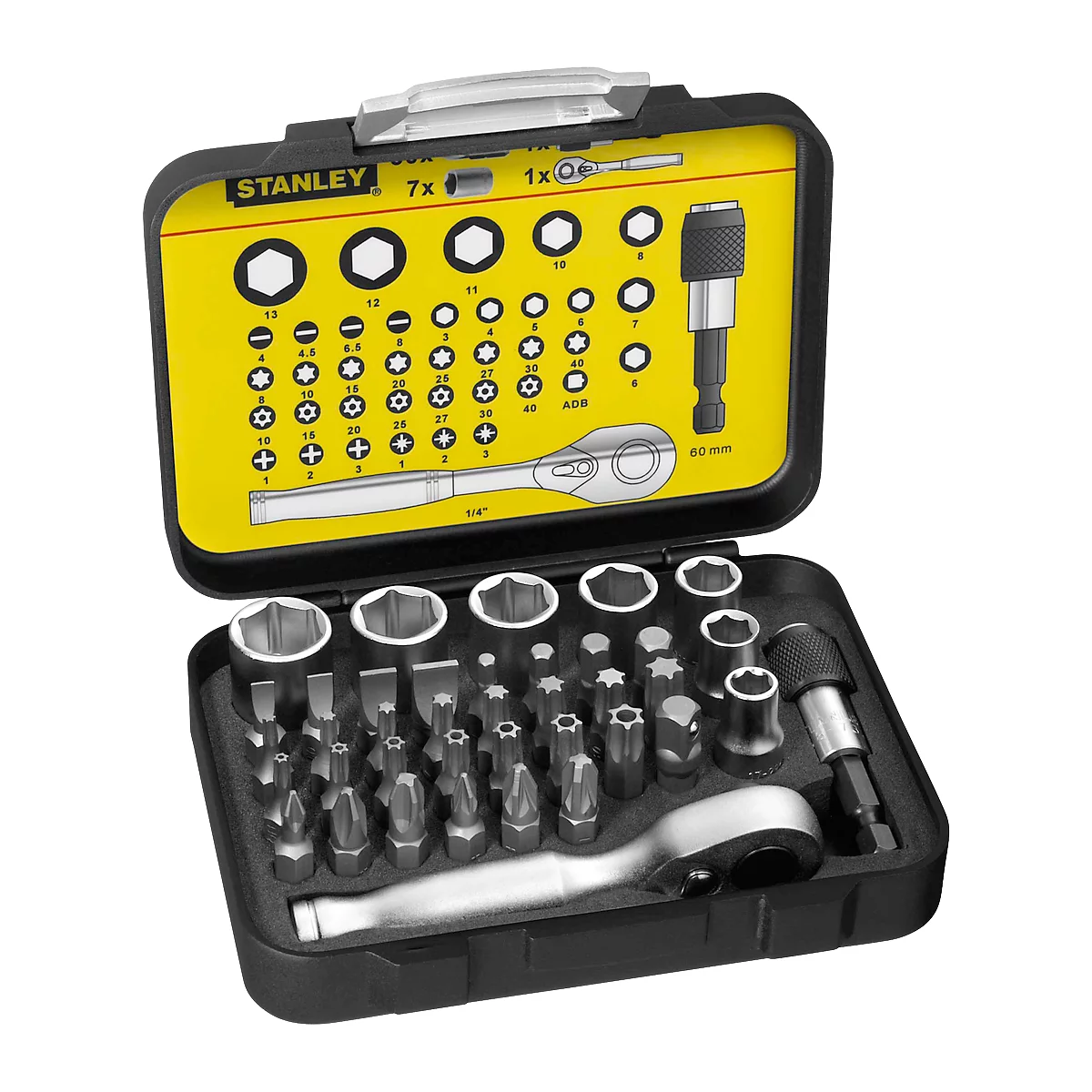 Black toolbox with various wrenches, sockets and bits. Yellow insert with size specifications and brand name.