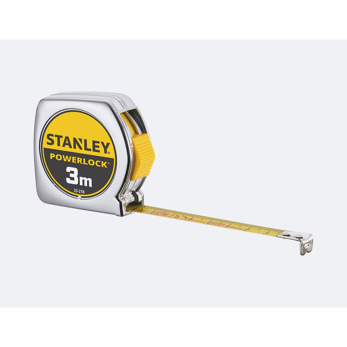 Stanley Powerlock Rollmaßband mit gelbem Gehäuse und ausgezogenem gelben Maßband auf hellem Grund.