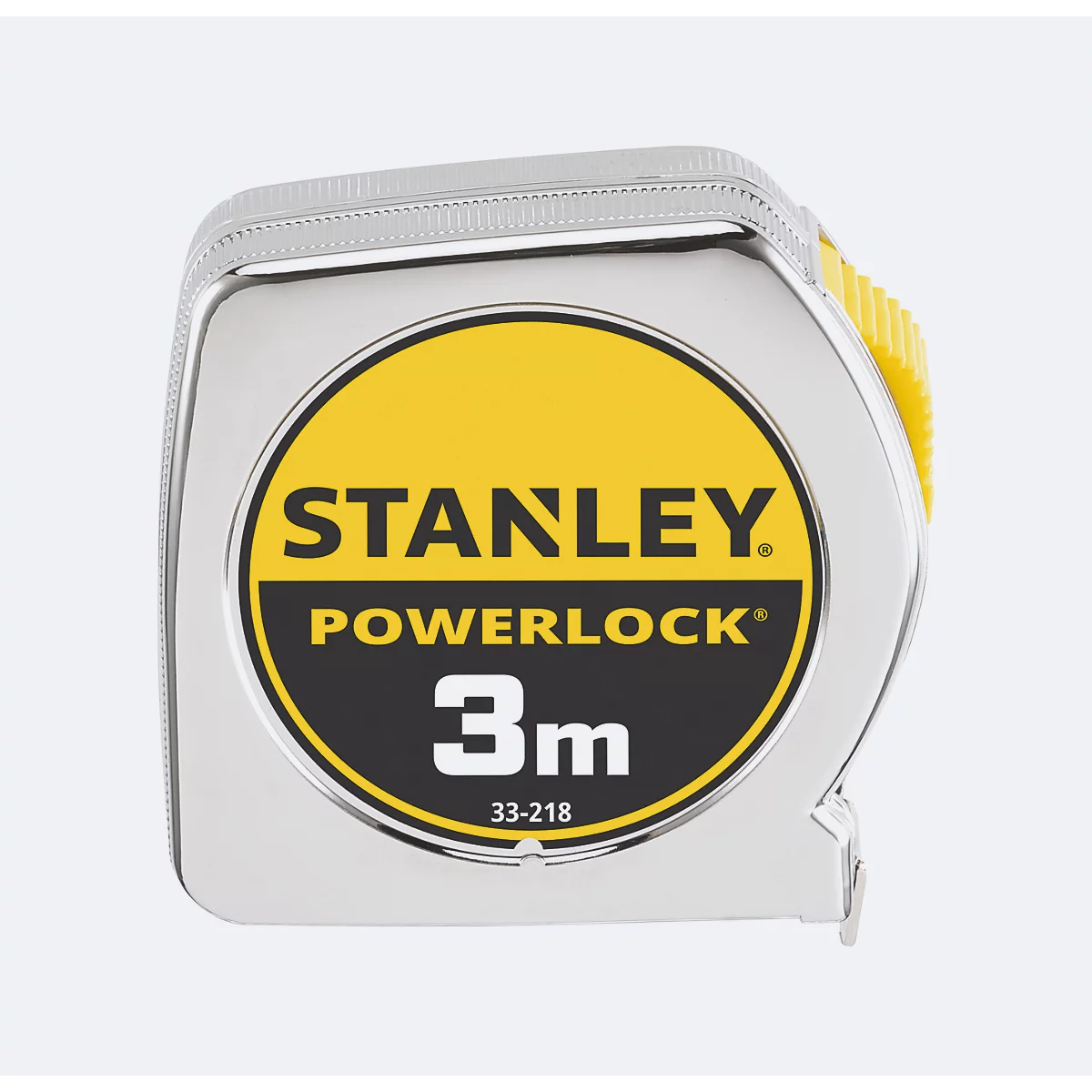 Stanley Powerlock Rollbandmaß, 3 Meter, in einem verchromten Gehäuse mit gelber Beschriftung.
