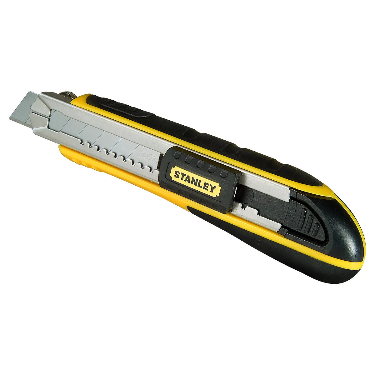 Yellow and black Stanley utility knife on white background. The handle says 'Stanley'.