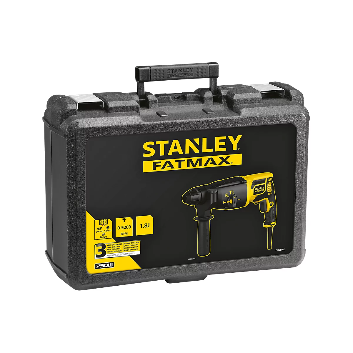 Black tool case with yellow and black hammer drill, says 'STANLEY FATMAX'.