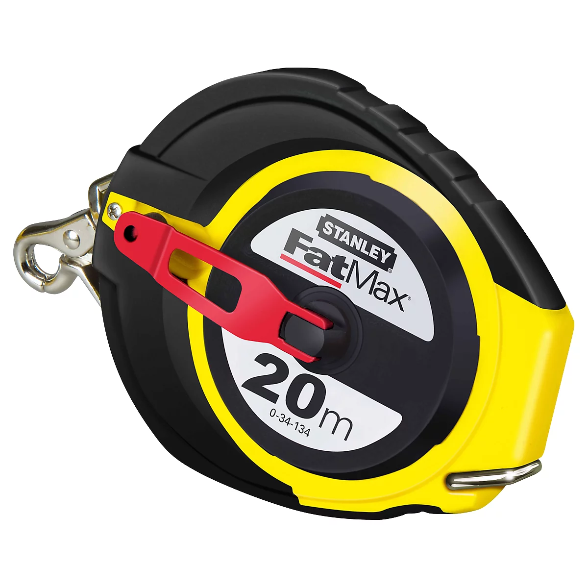 Yellow and black Stanley FatMax tape measure, red handle, 20m.
