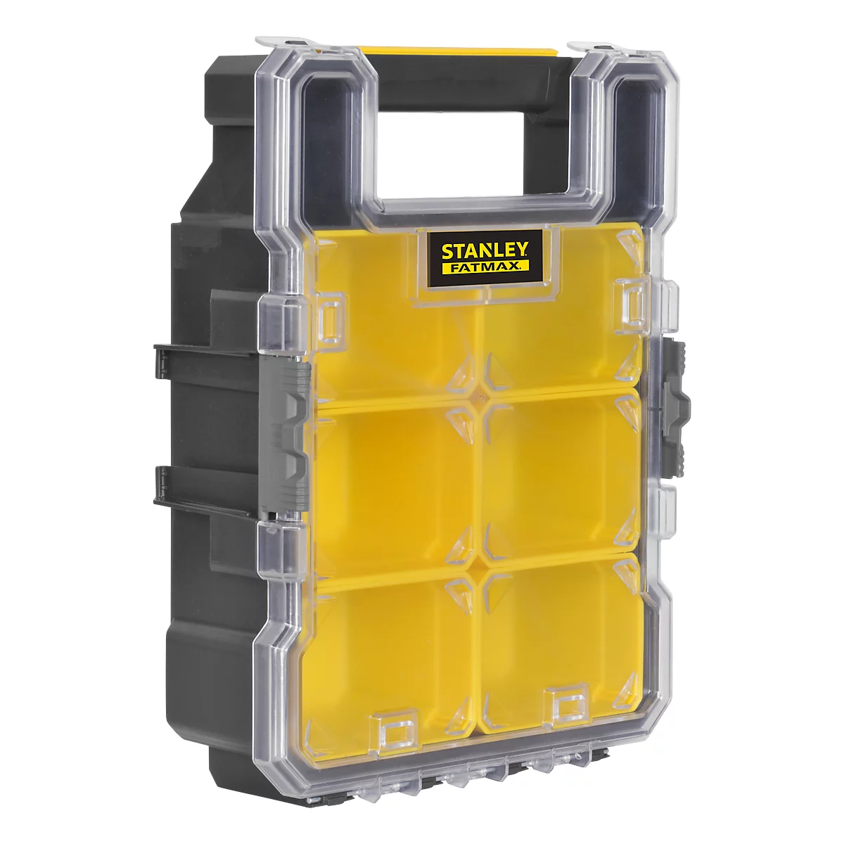 Transparent tool box with yellow compartments; black handle, inscription: Stanley FatMax.