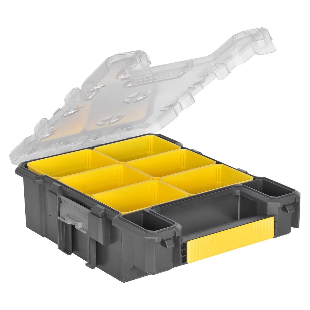 An open, gray toolbox with yellow compartments. The transparent lid is raised.