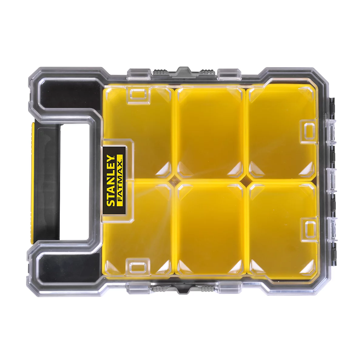 Yellow and transparent Stanley FatMax storage box with six compartments and a carrying handle. With lettering.