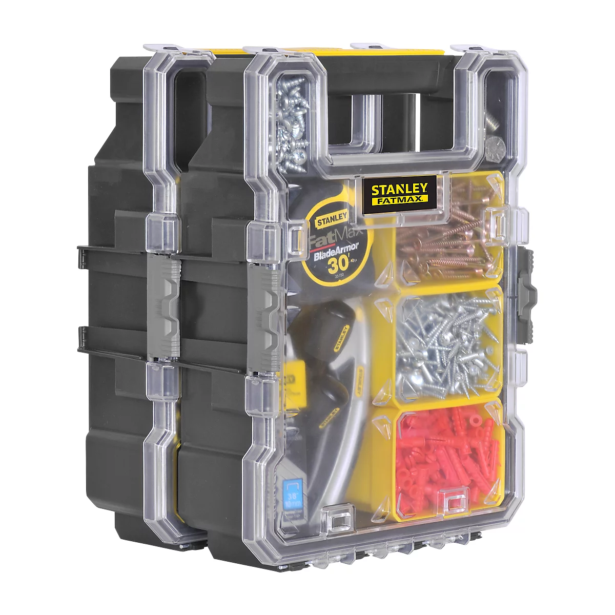 Black toolbox with transparent lid and yellow compartments, filled with screws and tools. Inscription: STANLEY FATMAX.
